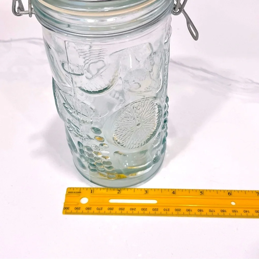 Vintage Embossed Fuit Pattern Glass Canister Set with Wire Bale Hinges, Set of 2